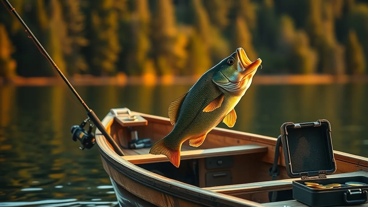 Barque de pêche et gros poisson sautant du lac, thème Big Bass Bonanza