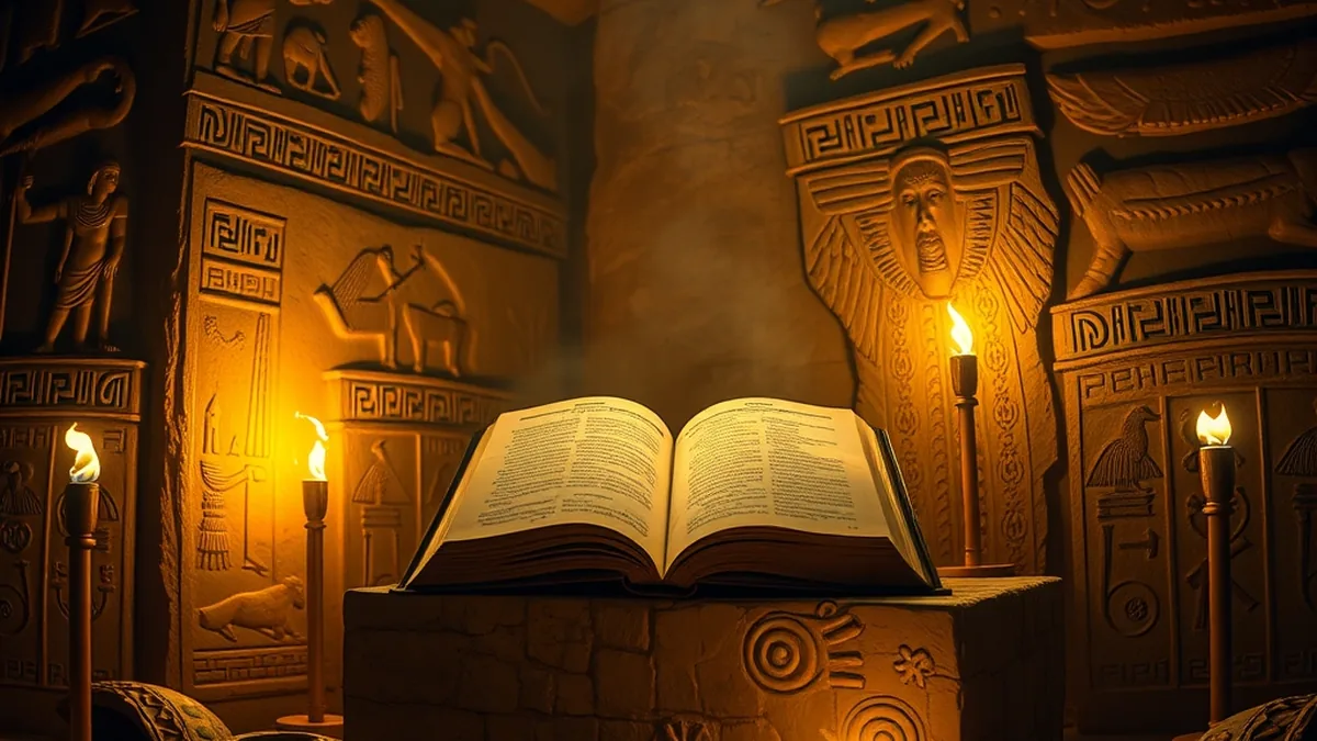 Livre doré lumineux dans un tombeau égyptien, ambiance Book of Dead