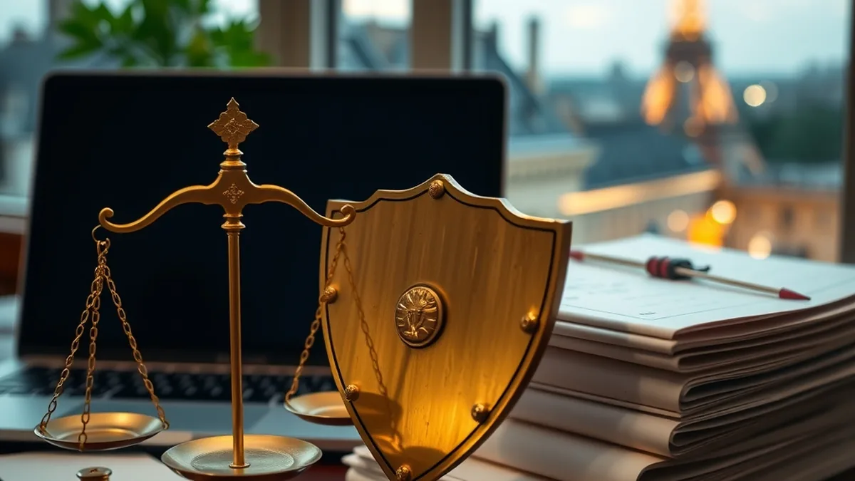 Bouclier doré, balance et documents officiels symbolisant sécurité et licence